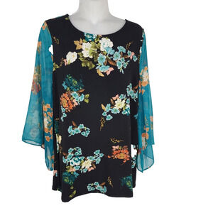 Chico's Top Womens Size 0 Small Floral Woven 3/4 Kimono Sleeve Scoop 570242670